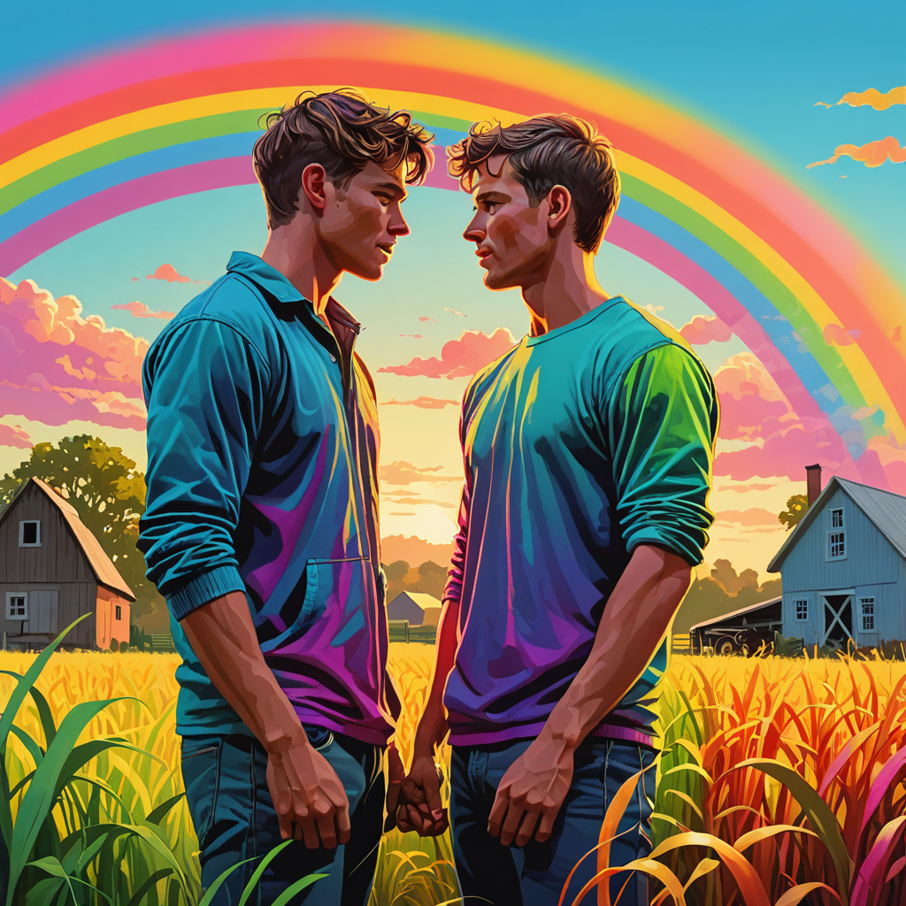 29839-2318586215-two athletic young adult men sharing an intimate moment on a farm, wind gush, short hair, silhouette, vibrant rainbow neon color.png
